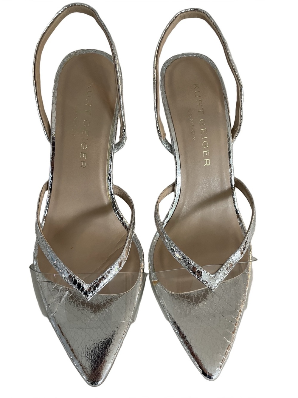Kurt Geiger London Size 38.5 Cinderella Silver Slingback Kitten Heels Size 8 US